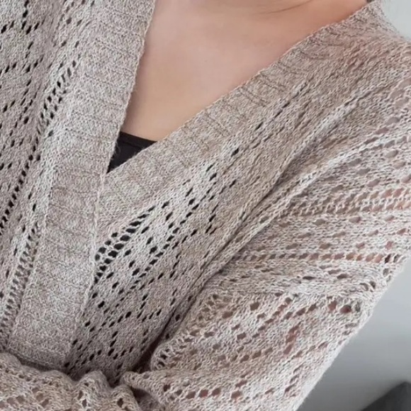 New Open Front Solid Crochet Hollow Cardigan Knit Long Sleeve Split Neutral NWT - Picture 13 of 16